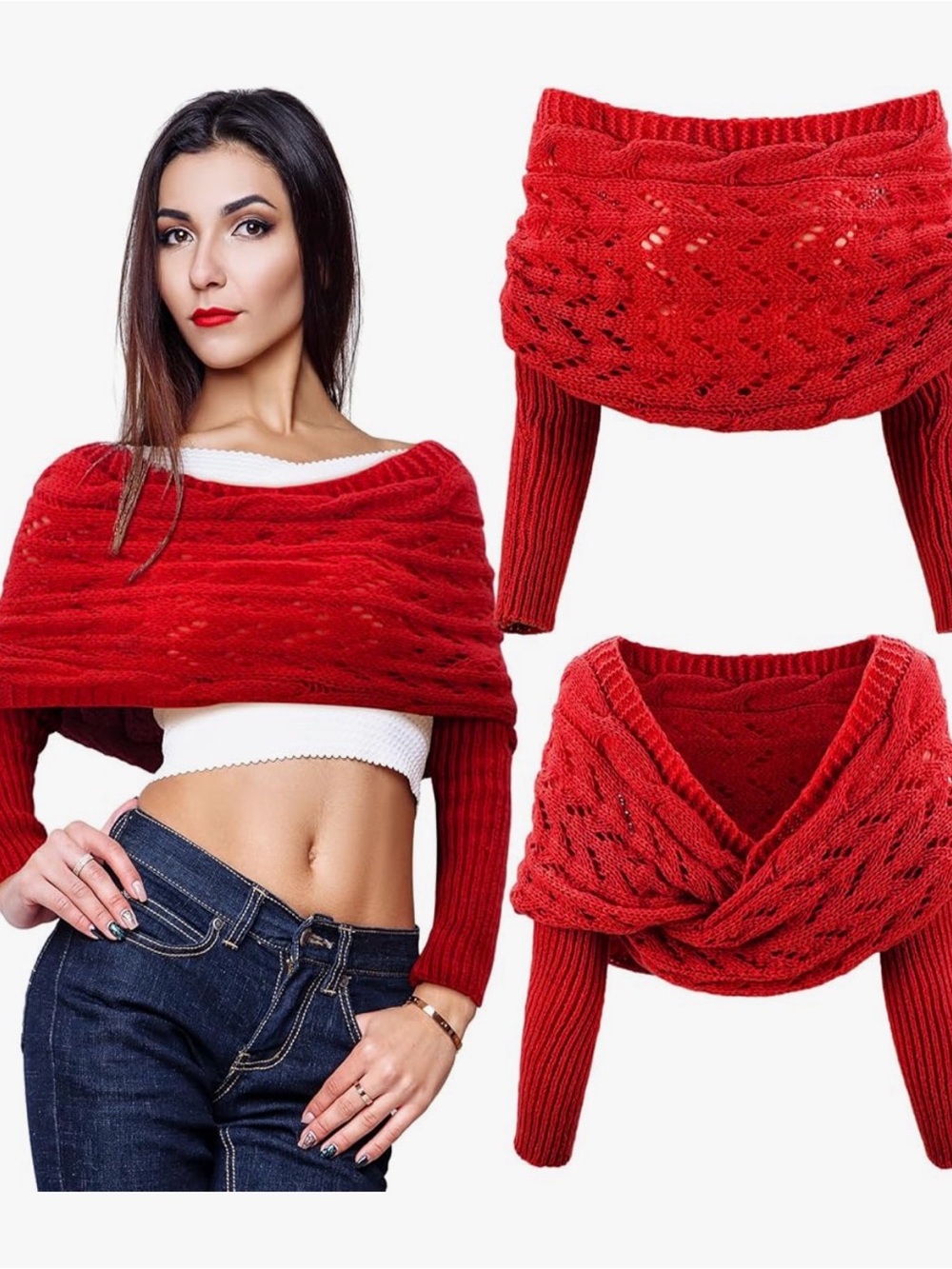 Red Off-Shoulder Knit Shrug Sweater